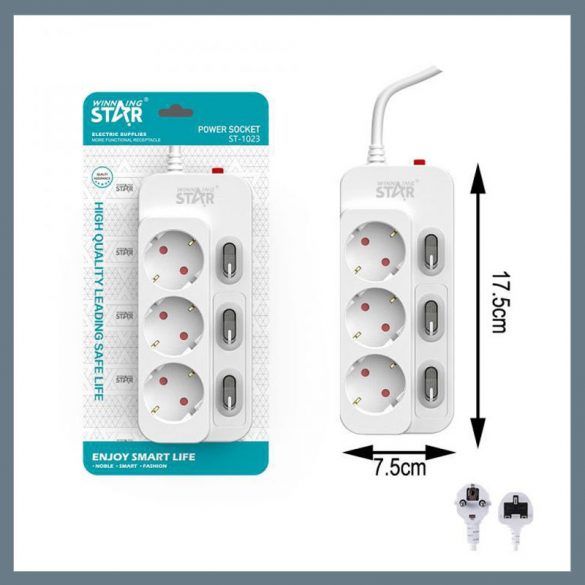 Winning Star 3-zásuvková rozvodka s 3 vypínačmi ST-1023